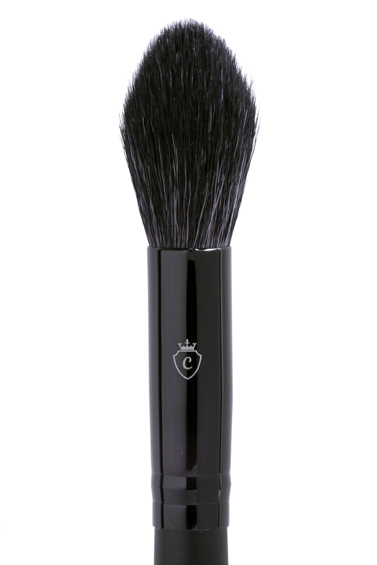 Single makeup brush with black bristles and a black handle featuring a silver crown and C logo.