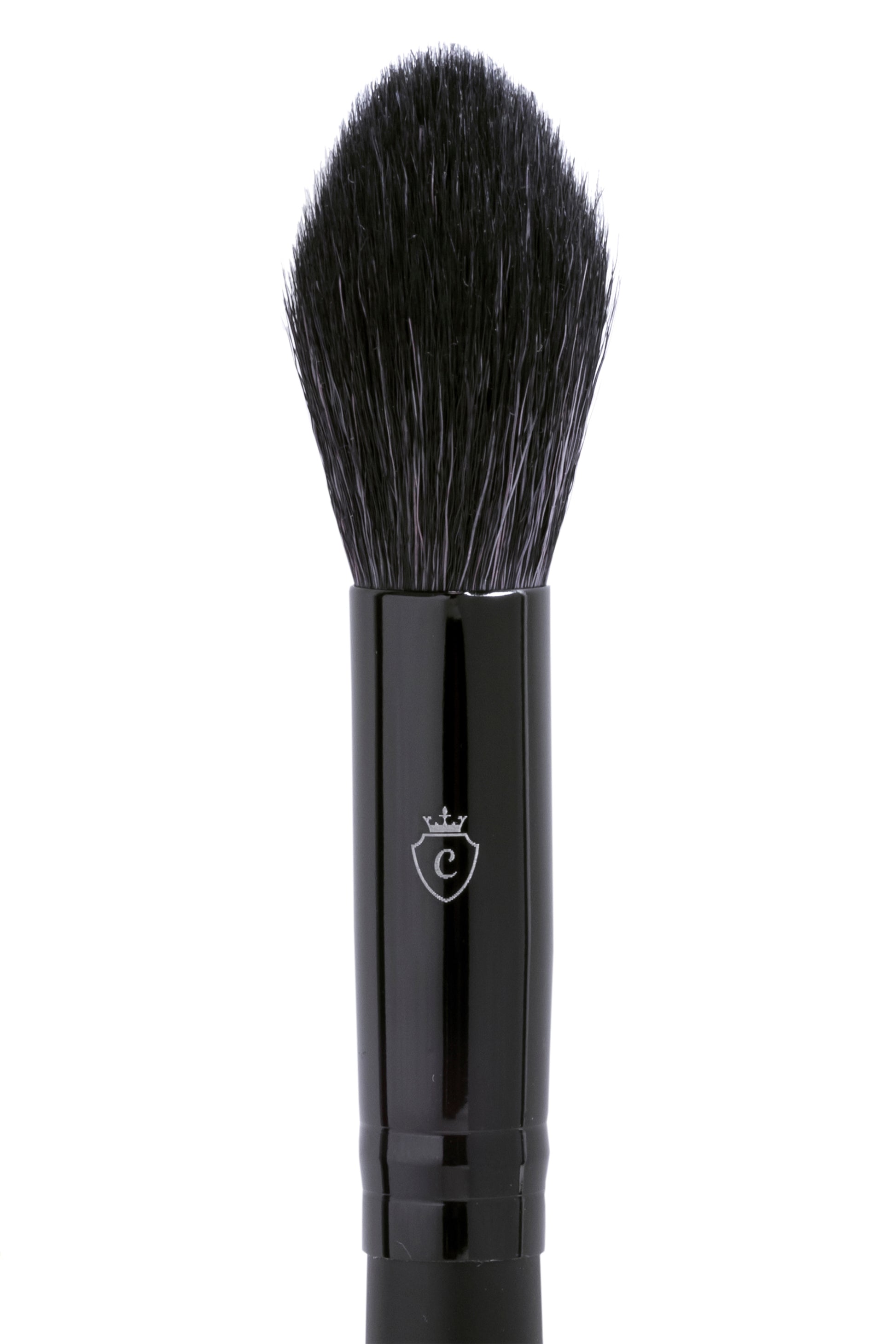 Single makeup brush with black bristles and a black handle featuring a silver crown and C logo.