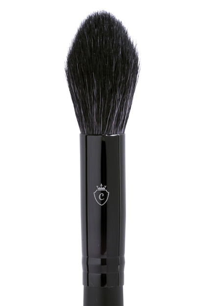 Single makeup brush with black bristles and a black handle featuring a silver crown and C logo.