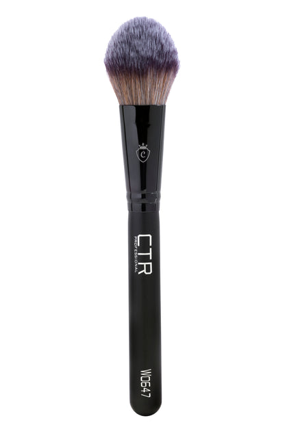 Makeup brush with black handle and gray bristles on a white background