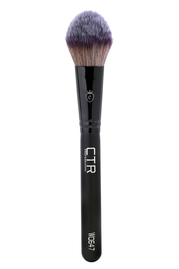 Makeup brush with black handle and gray bristles on a white background
