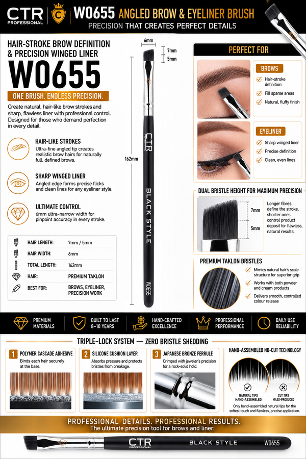 CTR W0655 Black Style angled brow eyeliner brush hair-stroke definition precision winged liner dual bristle height 7mm 5mm premium taklon — CTR Professional
