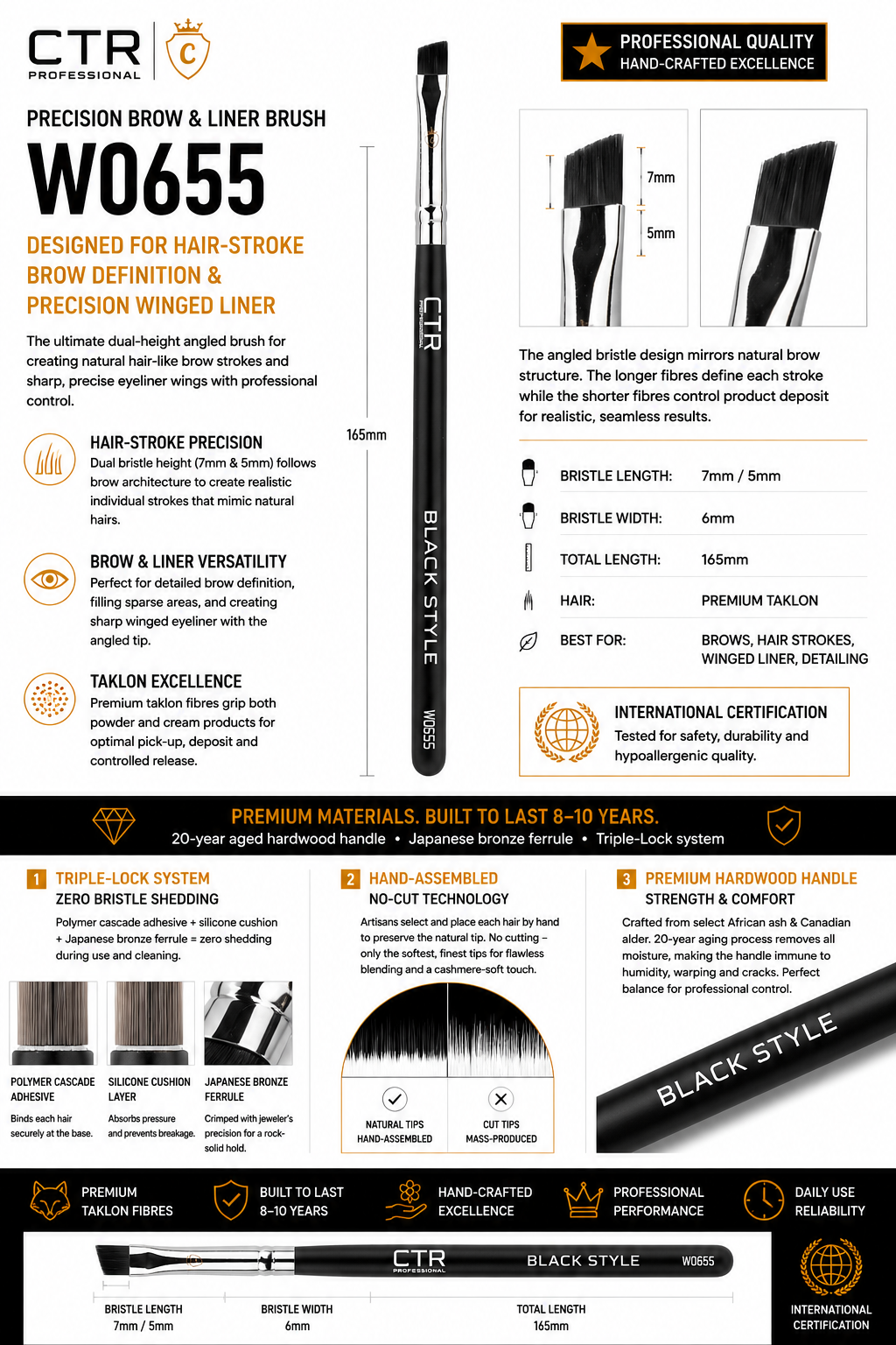 CTR W0655 Black Style precision brow liner brush hair-stroke precision brow liner versatility taklon excellence Triple-Lock zero bristle shedding — CTR Professional
