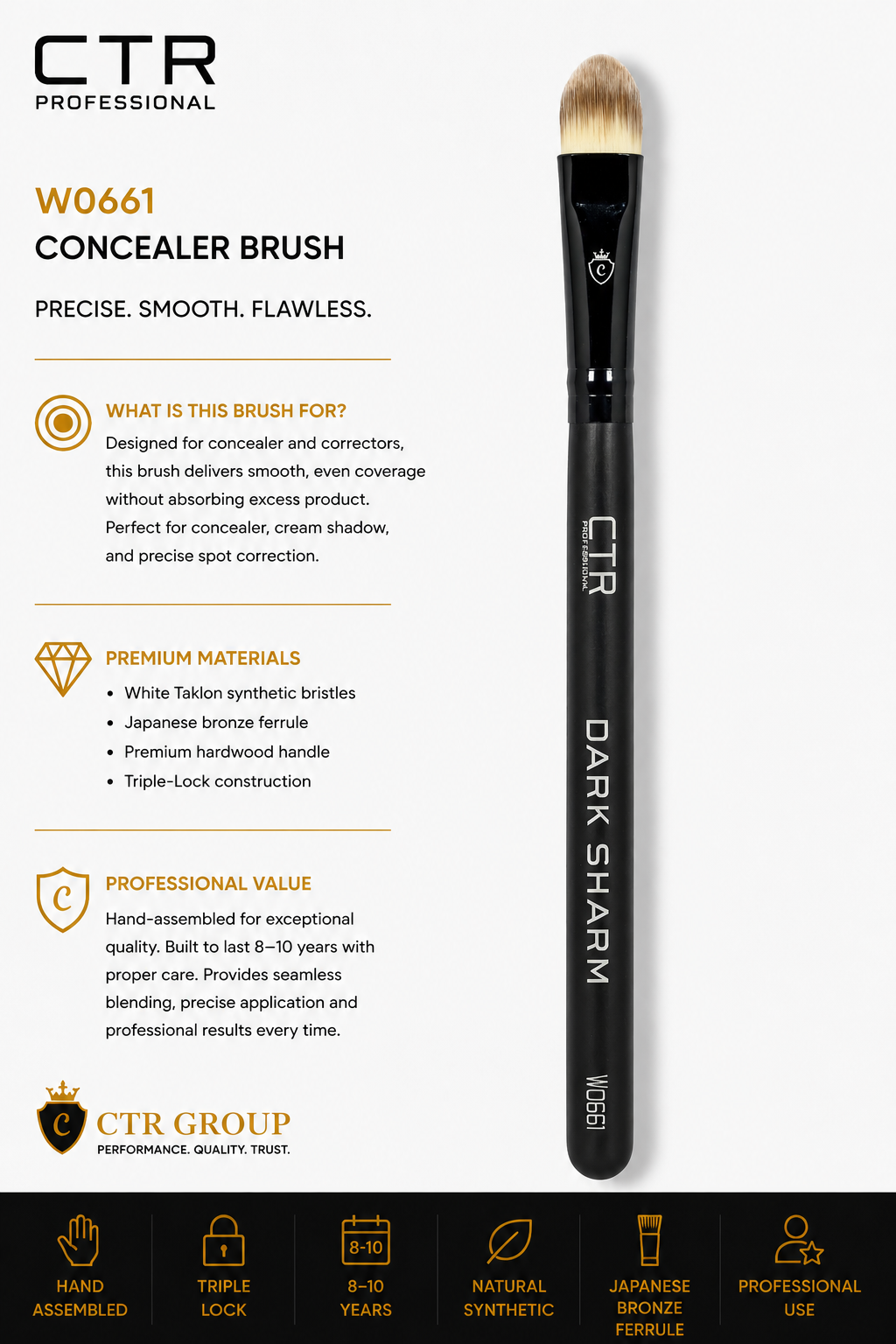 CTR W0661 concealer brush Dark Sharm precise smooth flawless what is this brush for premium materials — CTR Professional
