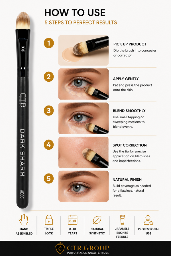CTR W0661 concealer brush how to use 5 steps pick up apply blend spot correction natural finish — CTR Professional
