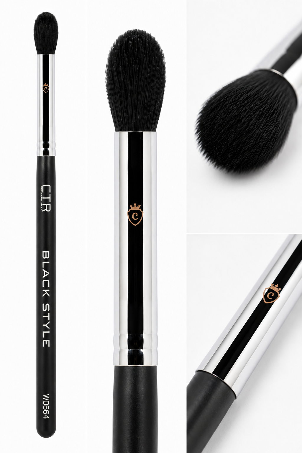 CTR W0664 fluffy goat hair highlighter brush Black Style three views full brush bristle ferrule detail — CTR Professional
