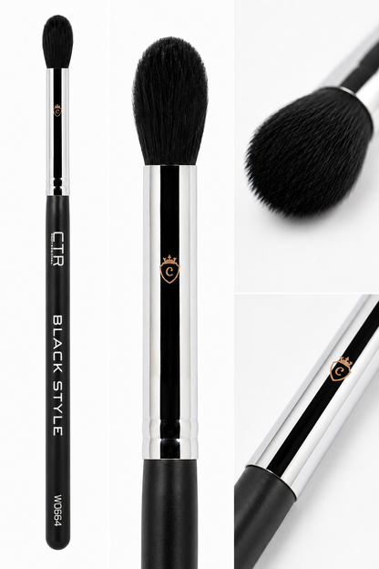 CTR W0664 fluffy goat hair highlighter brush Black Style three views full brush bristle ferrule detail — CTR Professional
