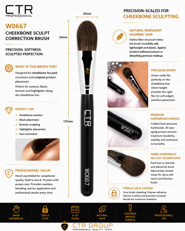 CTR W0667 cheekbone contour brush burgundy squirrel hair sculpting precision — CTR Professional