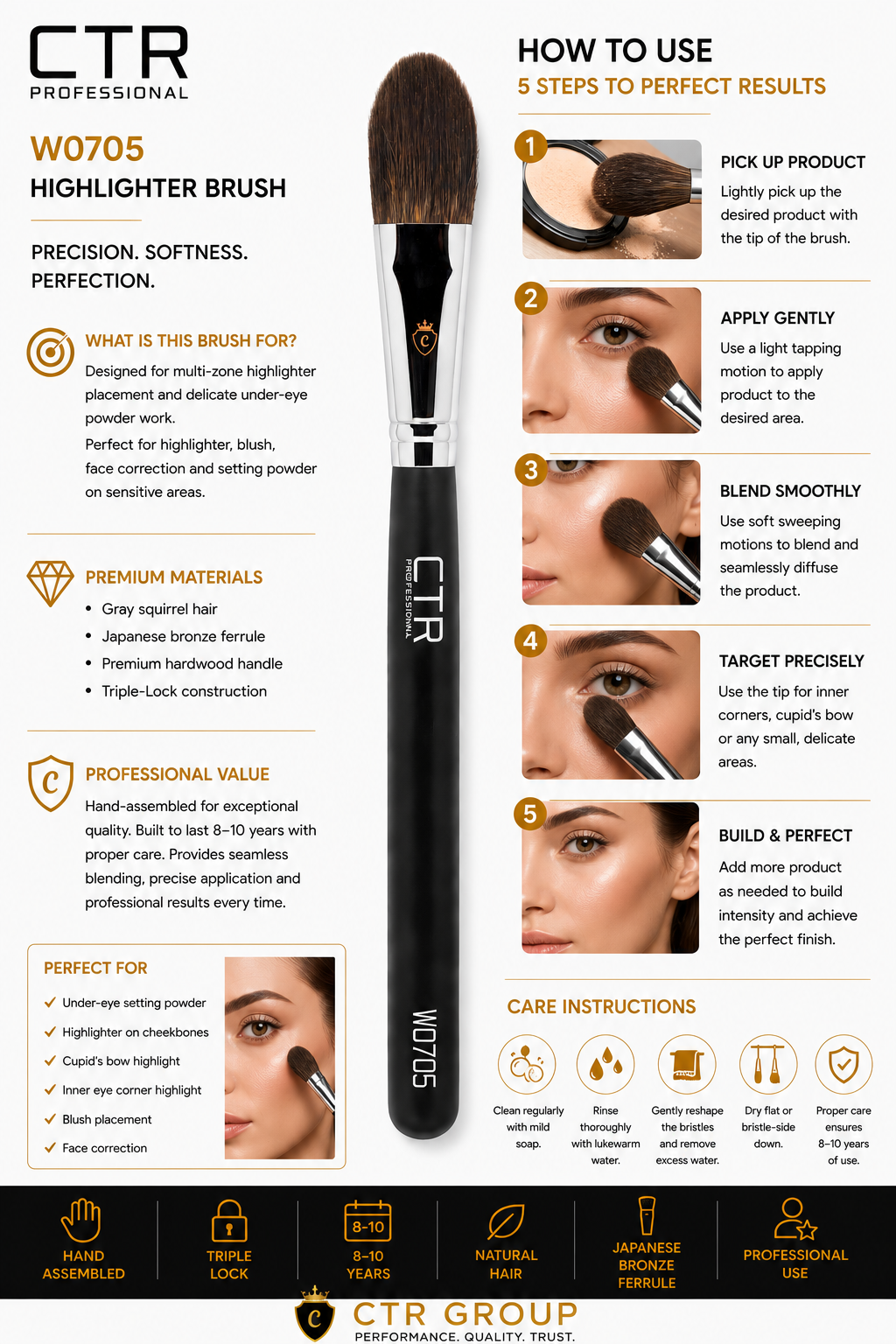 CTR W0705 highlighter under-eye brush how to use precision softness perfection 5 steps — CTR Professional