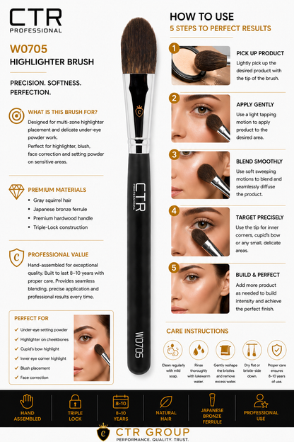 CTR W0705 highlighter under-eye brush how to use precision softness perfection 5 steps — CTR Professional