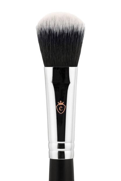 Single makeup brush with black and white bristles, a silver metal ferrule, and a crown logo.