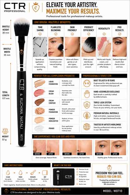 CTR W0710 all-texture complexion brush CTR x Kuchma Natali one brush multiple benefits time saving flawless blending skin friendly product efficiency versatility pro results liquid foundation cream blush contour powder highlighter primer — CTR Professional
