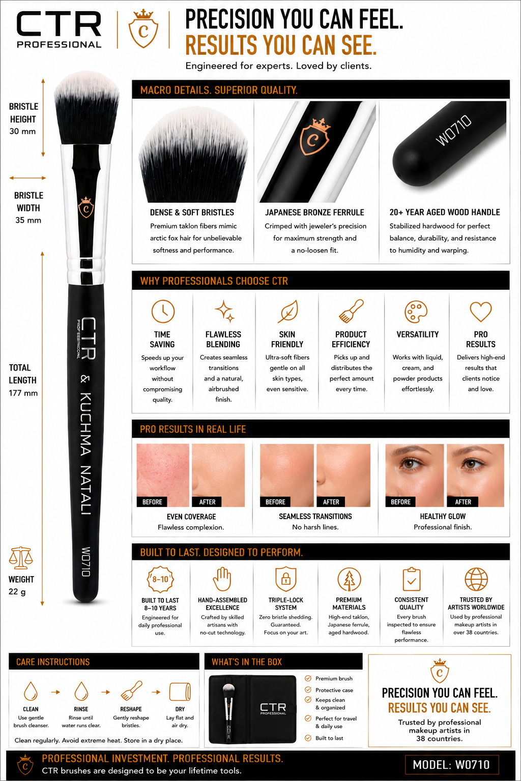 CTR W0710 all-texture complexion brush CTR x Kuchma Natali ferrule close-up horizontal CTR crown logo silver chrome premium taklon dual-tone bristles — CTR Professional
