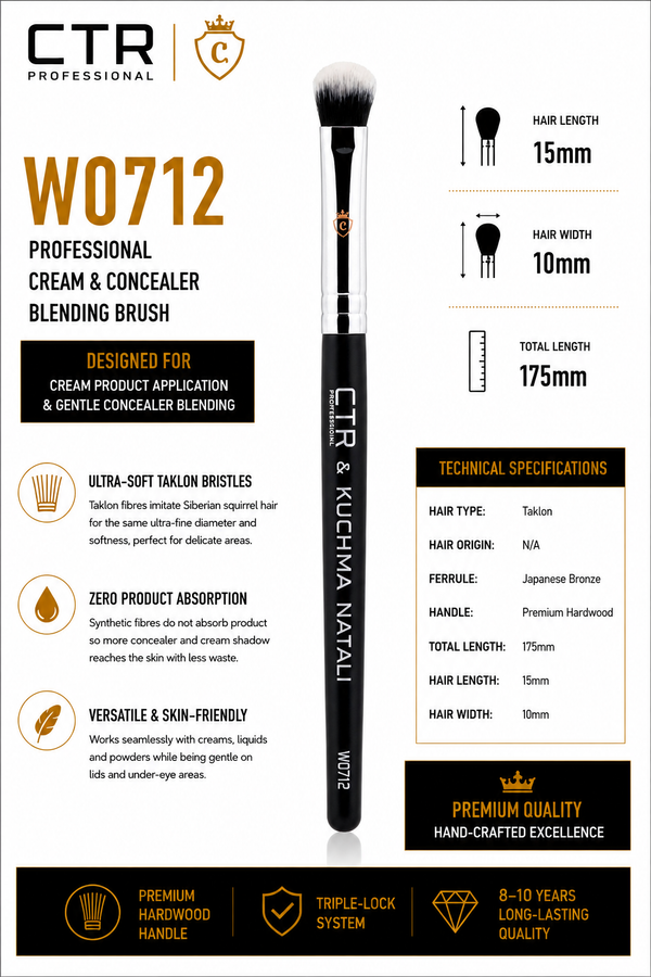 CTR W0712 cream concealer blending brush CTR x Kuchma Natali overview ultra-soft taklon zero product absorption versatile skin-friendly 15mm 10mm 175mm Triple-Lock 8-10 years — CTR Professional
