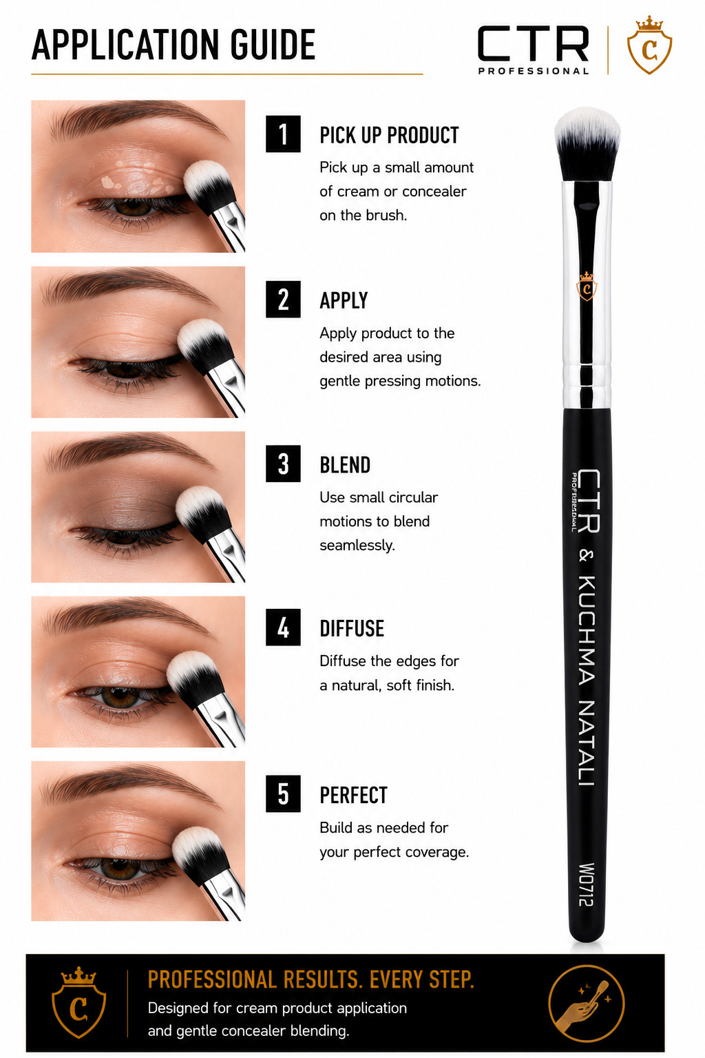 CTR W0712 cream concealer brush CTR x Kuchma Natali construction premium taklon Japanese bronze ferrule hardwood handle Triple-Lock polymer adhesive silicone cushion hand-assembled no-cut — CTR Professional
