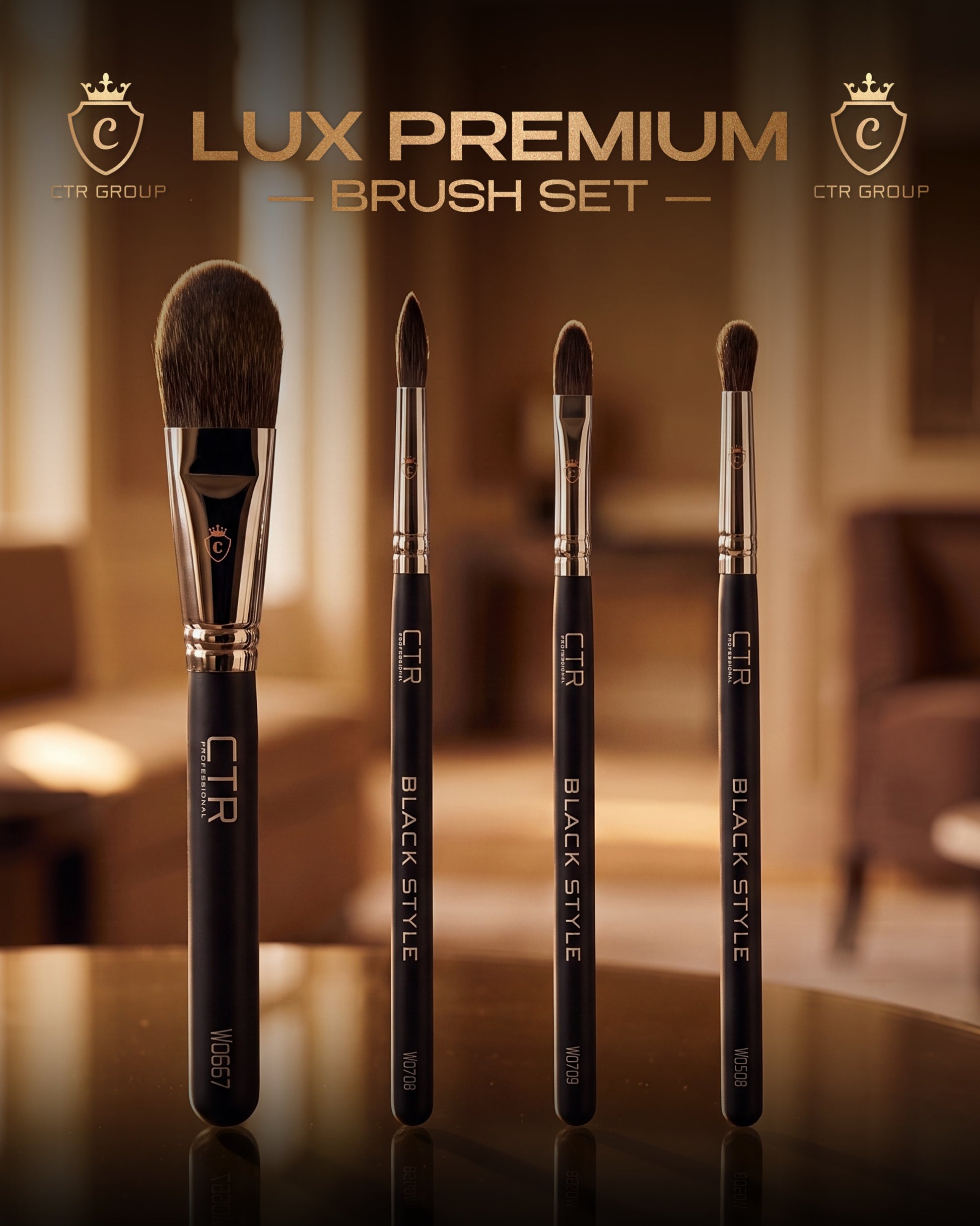 Four black makeup brushes with metal ferrules and CTR PROFESSIONAL BLACK STYLE printed on the handles.