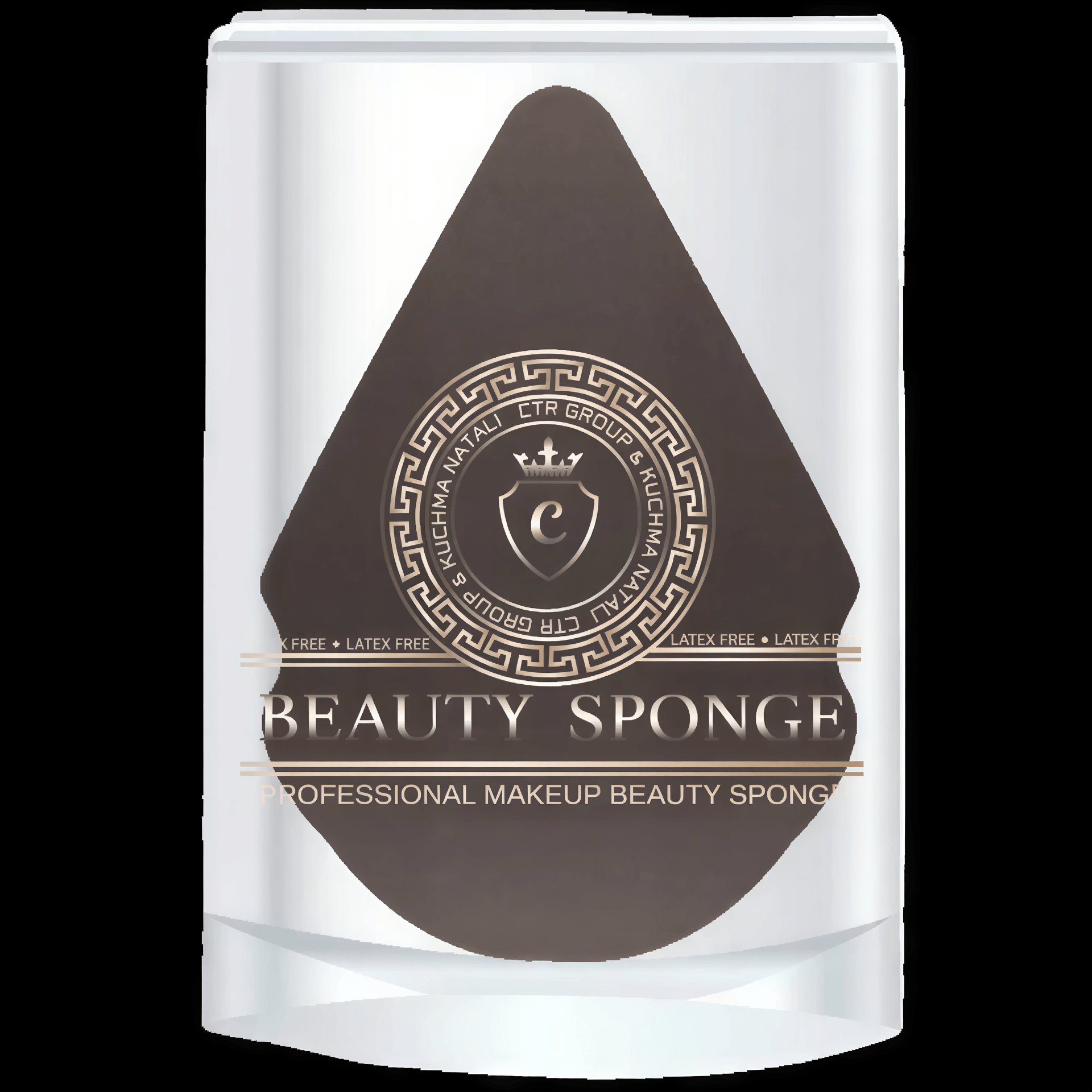 Teardrop-shaped dark brown foam Beauty Sponge in a clear plastic case with a gold logo and Beauty Sponge printed on front.