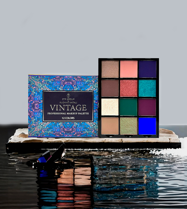 CTR Vintage Palette V800 CTR x Kuchma Natali open palette on rock outdoor natural light multichrome shades blue glitter teal pink rose gold burgundy taupe — CTR Professional
