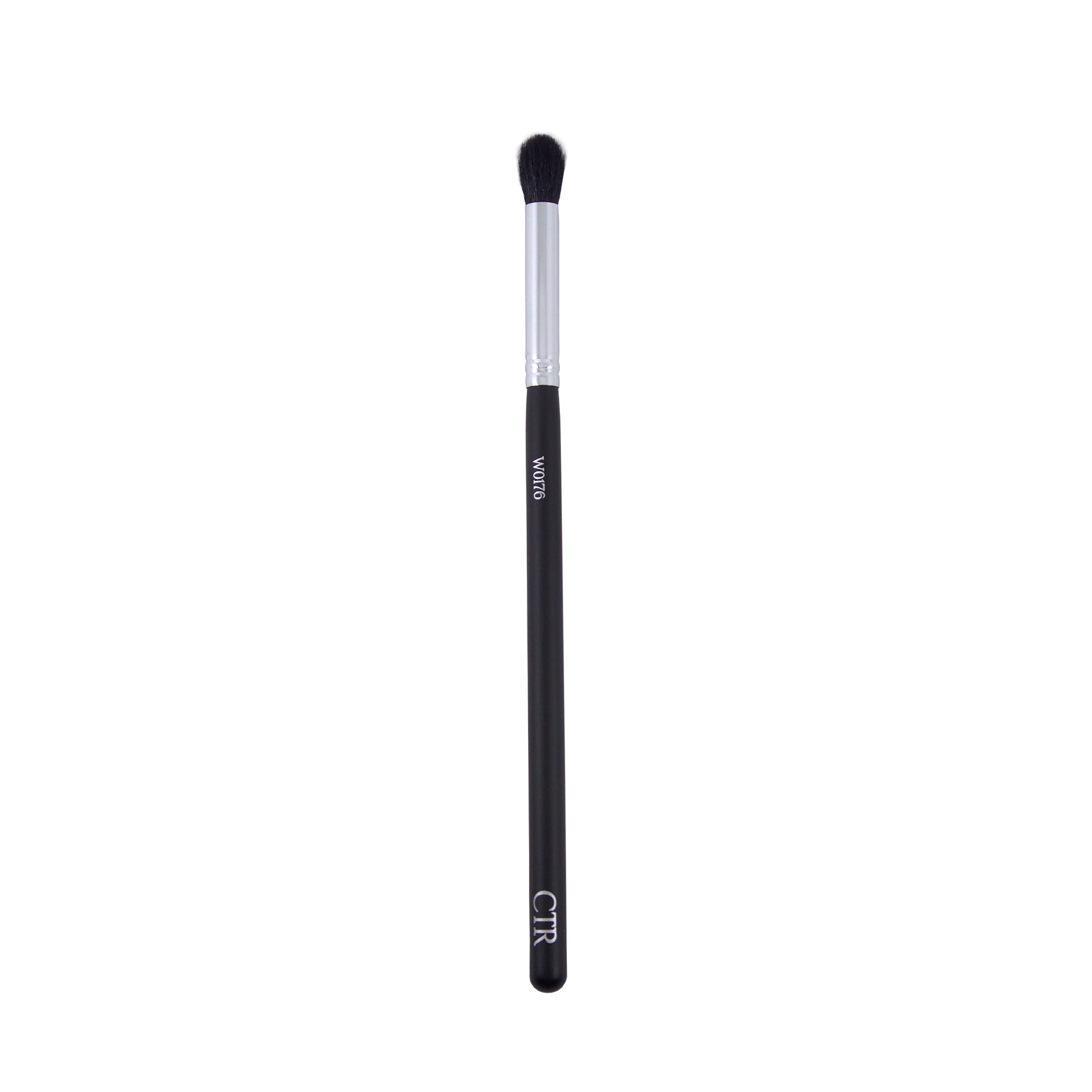Single makeup brush with black handle, silver metal ferrule, and dark bristles. Printed with CTR and W0176.