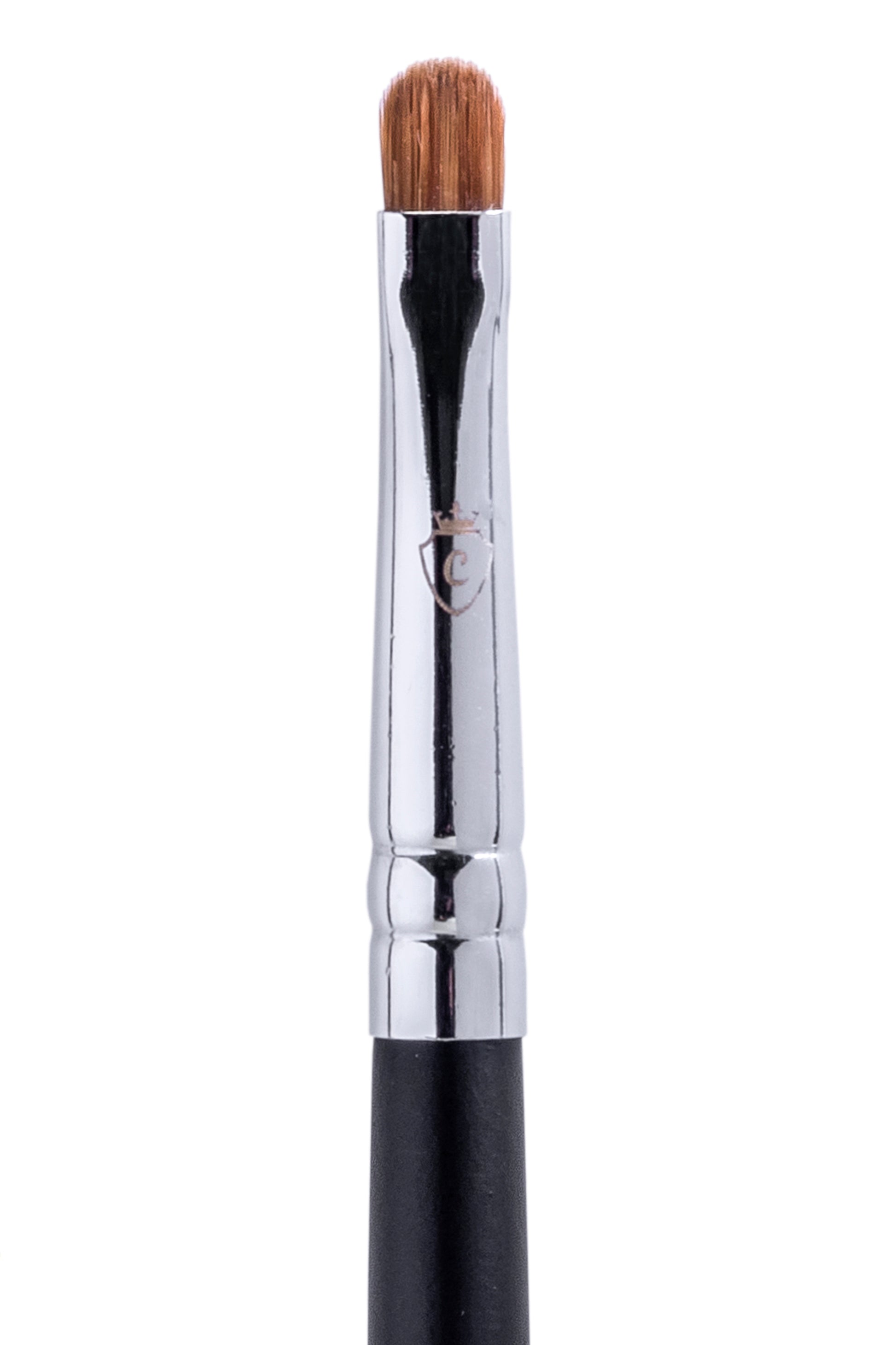 Single makeup brush with brown bristles, a silver metal ferrule featuring a crown logo, and a black handle.