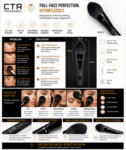 CTR W0575 full-face setting powder brush Black Style problem solution patchy large dense surface fallout optimal powder control time-consuming efficiency cakey natural flawless finish loose pressed setting finishing powder — CTR Professional
