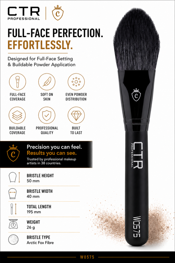 CTR W0575 full-face setting powder brush Black Style overview full-face coverage soft on skin even powder distribution buildable coverage 50mm 40mm 195mm 26g arctic fox fibre — CTR Professional
