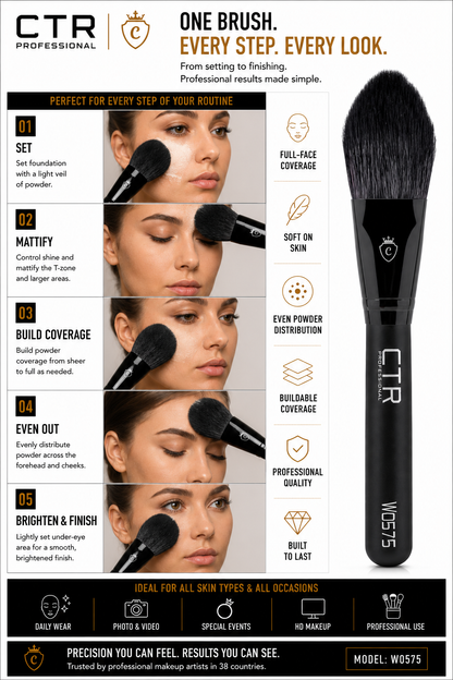 CTR W0575 full-face setting powder brush Black Style application guide 5 steps set mattify build coverage even out brighten finish daily wear photo video special events HD makeup professional use — CTR Professional
