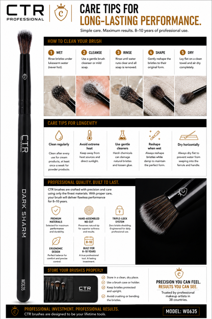 CTR W0635 precision concealer cream eyeshadow brush Dark Sharm overview small size big impact pinpoint accuracy soft flexible versatile 19mm 13mm 175mm 10g Triple-Lock 8-10 years — CTR Professional
