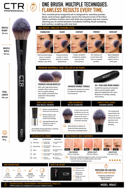 CTR W0647 petal complexion brush Black Style detail view ultra-soft taklon dual-tone bristles petal shape — CTR Professional

