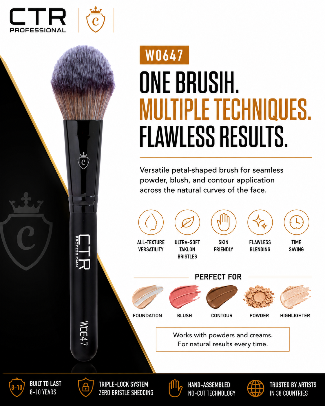 CTR W0647 petal complexion brush Black Style overview one brush multiple techniques flawless results all-texture versatility ultra-soft taklon skin friendly flawless blending time saving foundation blush contour powder highlighter — CTR Professional
