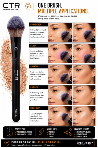 CTR W0647 petal complexion brush Black Style one brush multiple applications foundation buff blend blush sweep contour sculpt powder set highlight apply before after seamless coverage natural flush natural sculpt airbrushed radiant glow — CTR Professional
