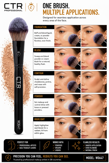 CTR W0647 Petal Complexion Brush application guide for foundation, blush, contour, powder and highlight