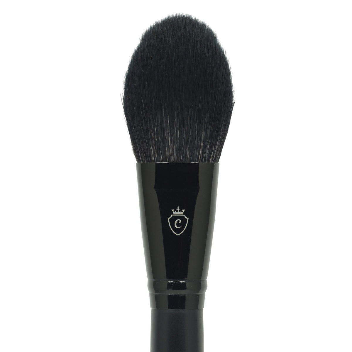 Single makeup brush with black bristles and a black handle featuring a silver crown and C logo.