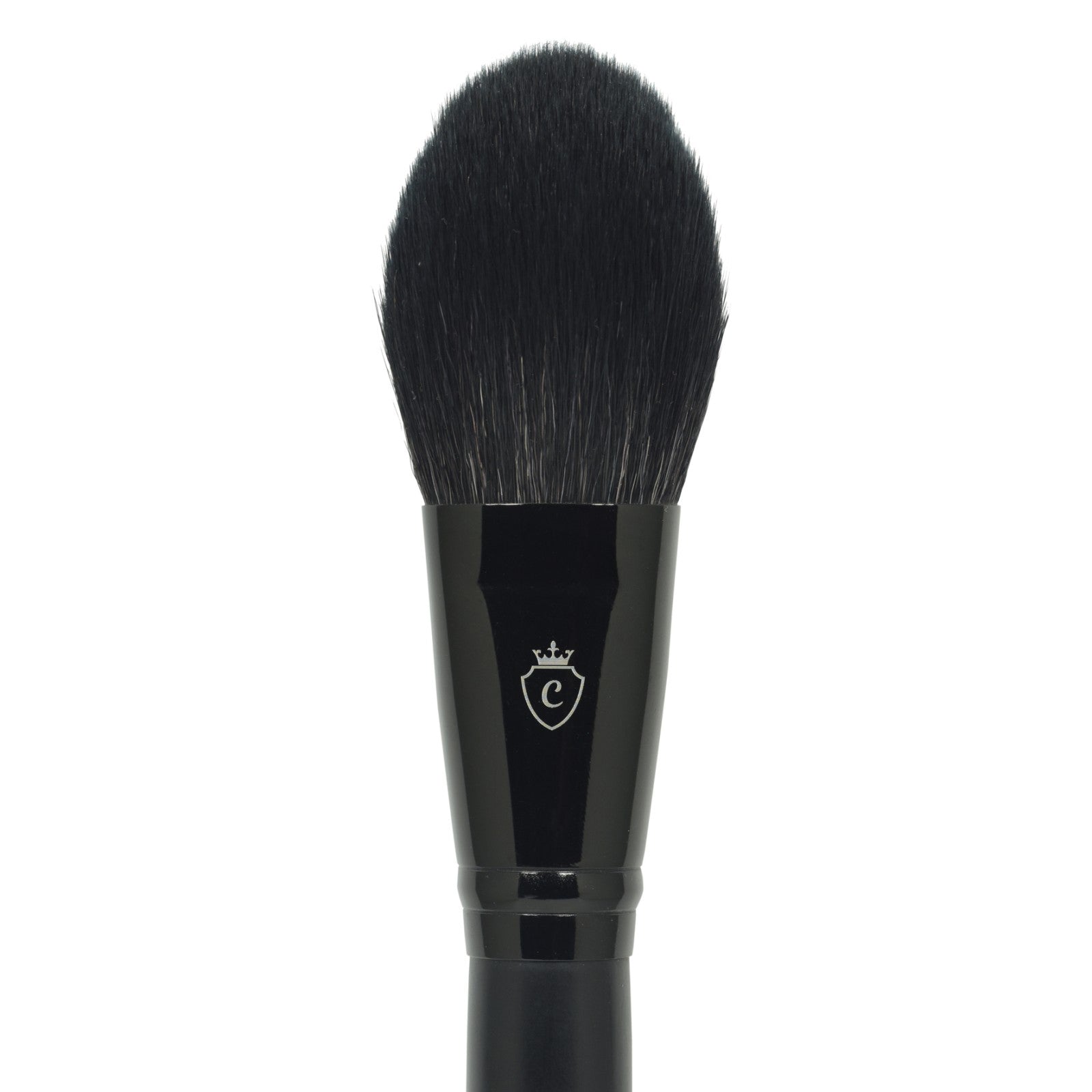 Single makeup brush with black bristles and a black handle featuring a silver crown and C logo.