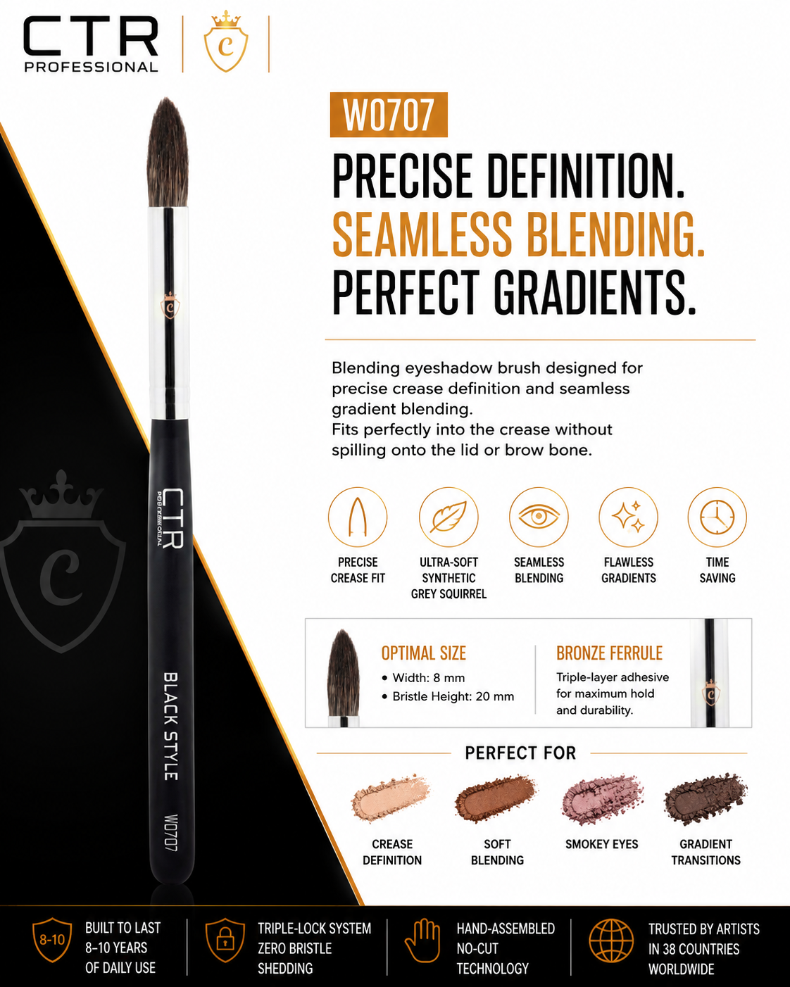 CTR W0707 eyeshadow crease blending brush Black Style overview precise definition seamless blending perfect gradients precise crease fit ultra-soft synthetic grey squirrel flawless gradients time saving 8mm 20mm crease definition soft blending smokey eyes gradient transitions — CTR Professional

