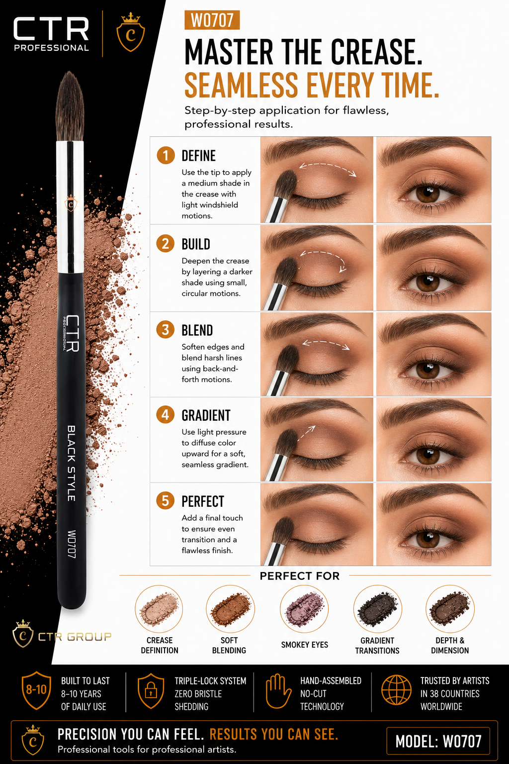 CTR W0707 eyeshadow crease blending brush Black Style master the crease application guide 5 steps define build blend gradient perfect crease definition soft blending smokey eyes gradient transitions depth dimension — CTR Professional
